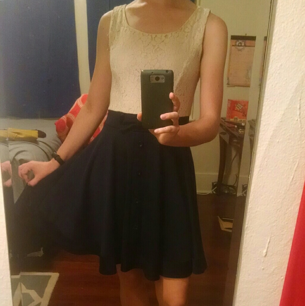 White lace top navy skirted dress